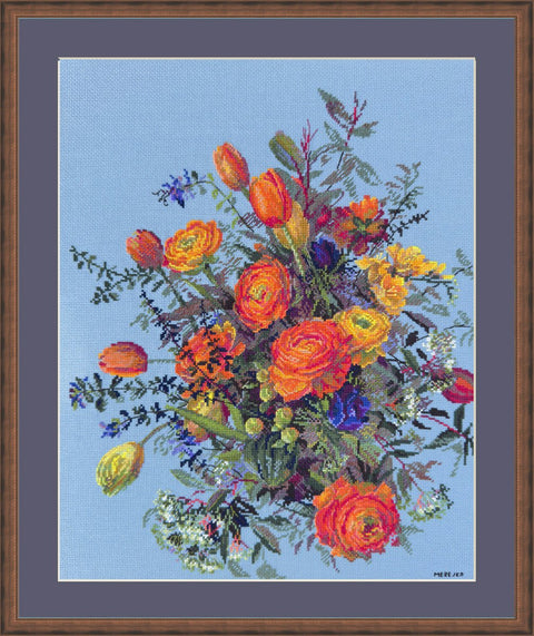 Siuvinėjimas kryželiu „Saulėti žiedlapiai“ — gėlių kompozicija, 39×31 cm - kaSiulai.lt