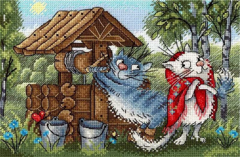 Siuvinėjimo komplektas Aida 18 ct — 27 spalvų „Pasimatymas prie šulinio“ 13×18 cm - kaSiulai.lt