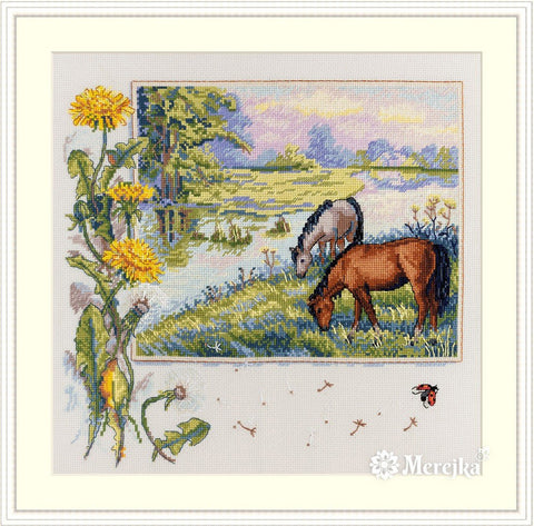 Siuvinėjimo komplektas „Arkliai“, 30×30 cm — Aida 16, DMC (30 spalvų) - kaSiulai.lt