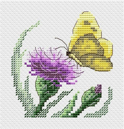 Siuvinėjimo komplektas „Drugelis ir varnalėša“, Aida 14, 11 spalvų, 11×11 cm - kaSiulai.lt