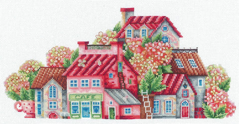 Siuvinėjimo komplektas „Hortenzijų šalis“ — Aida 16, 32 spalvos, 29×14 cm - kaSiulai.lt