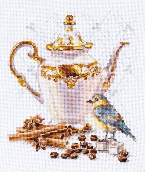 Siuvinėjimo komplektas „Kavos gurmanas“, 15×18 cm (Aida 16), 27 spalvų - kaSiulai.lt