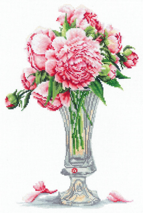 Siuvinėjimo komplektas kryželiu „Bijūnai“, Aida 16 ct, 28 spalvų, 19,5×29,5 cm - kaSiulai.lt