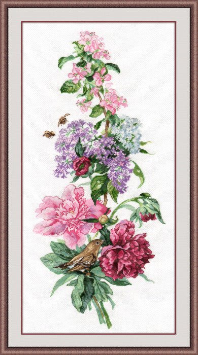 Siuvinėjimo komplektas kryželiu „Bijūnų kompozicija“ — Aida N18, 19×44 cm - kaSiulai.lt