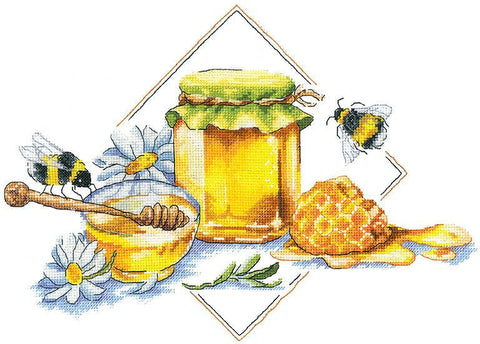 Siuvinėjimo komplektas kryželiu „Bitės ir medus“ — 27×20 cm - kaSiulai.lt