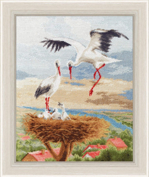 Siuvinėjimo komplektas kryželiu „Gandrai ant stogo“, Aida 16, 29,7×24 cm, 39 spalvų - kaSiulai.lt