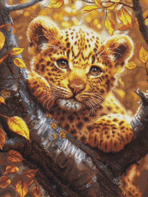 Siuvinėjimo komplektas kryželiu „Leopardo jauniklis aušroje“ 25×34 cm - kaSiulai.lt