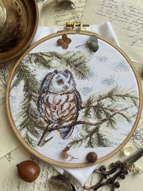 Siuvinėjimo komplektas kryželiu „Mažoji pelėda“ 20×15 cm — pradedantiesiems - kaSiulai.lt