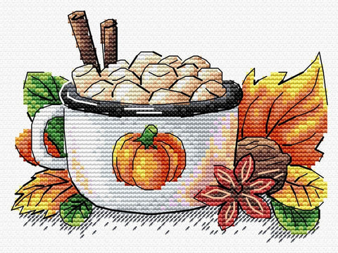 Siuvinėjimo komplektas kryželiu „Moliūgų latte“ — rudeninis žavesys - kaSiulai.lt
