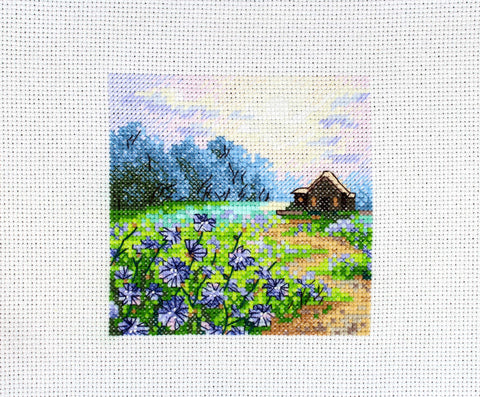 Siuvinėjimo komplektas kryželiu „Peizažas su cikorijomis“ 11×11 cm - kaSiulai.lt