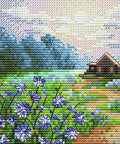 Siuvinėjimo komplektas kryželiu „Peizažas su cikorijomis“ 11×11 cm - kaSiulai.lt