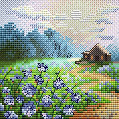 Siuvinėjimo komplektas kryželiu „Peizažas su cikorijomis“ 11×11 cm - kaSiulai.lt