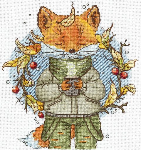 Siuvinėjimo komplektas kryželiu „Rudeniška kava“, 15×16,5 cm — jauki dovana - kaSiulai.lt