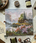 Siuvinėjimo komplektas kryželiu „Rūko žemė“, 19×19 cm — ramus peizažas - kaSiulai.lt