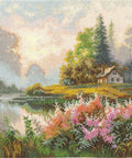 Siuvinėjimo komplektas kryželiu „Rūko žemė“, 19×19 cm — ramus peizažas - kaSiulai.lt