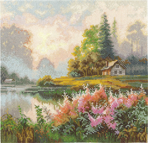 Siuvinėjimo komplektas kryželiu „Rūko žemė“, 19×19 cm — ramus peizažas - kaSiulai.lt