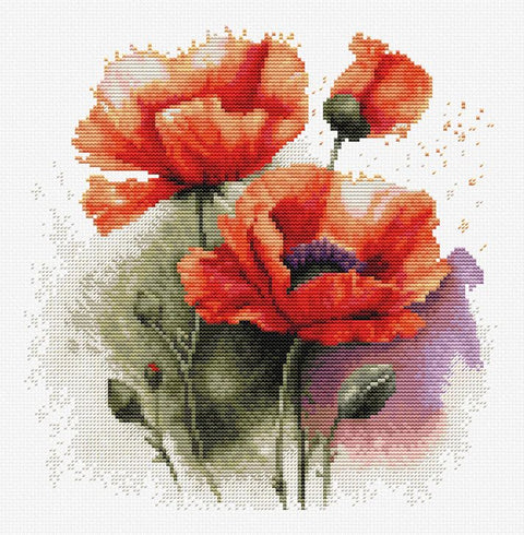 Siuvinėjimo komplektas kryželiu „Ryškūs aguonų žiedai“, 21×21 cm - kaSiulai.lt
