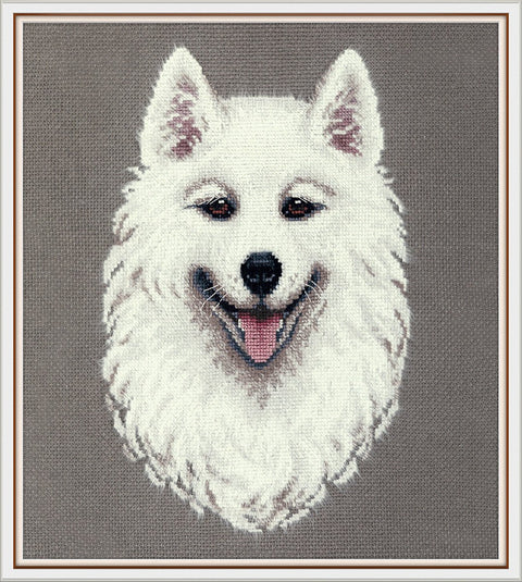 Siuvinėjimo komplektas kryželiu „Samojedas“ 18,5×24,5 cm — šunų mylėtojams - kaSiulai.lt