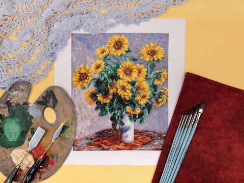 Siuvinėjimo komplektas kryželiu „Saulėgrąžų puokštė“ – dovana ir namų dekoras - kaSiulai.lt