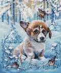 Siuvinėjimo komplektas kryželiu „Sniego šuniukas“, 20×22 cm, 18 ct, 26 spalvų - kaSiulai.lt
