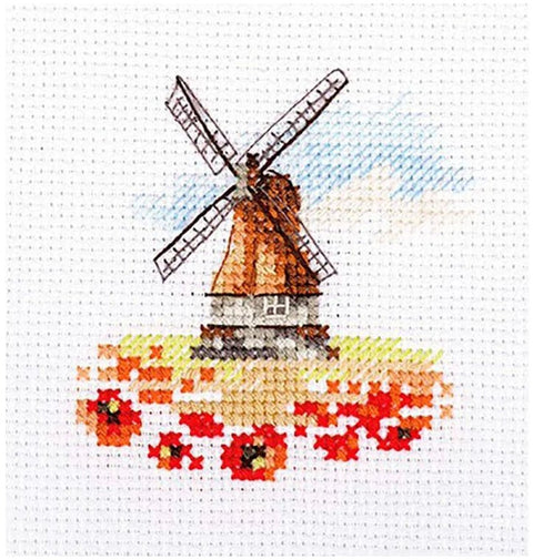 Siuvinėjimo komplektas „Malūnas aguonų lauke“ — Aida 14, 7×7 cm - kaSiulai.lt
