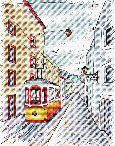 Siuvinėjimo komplektas „Miesto gatvė“ (Aida 14, 13 spalvų, 21×17 cm) — ideali dovana - kaSiulai.lt