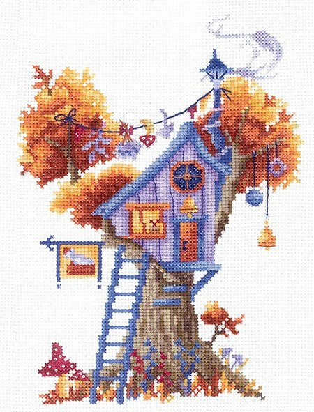 Siuvinėjimo komplektas „Paslaptingi medžių nameliai“, Aida 16, 13×18 cm - kaSiulai.lt