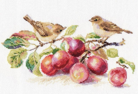 Siuvinėjimo komplektas „Paukšteliai ir slyvos“, Aida 14 ct, 29×16 cm - kaSiulai.lt