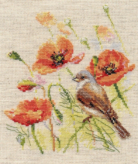 Siuvinėjimo komplektas Paukštelis — lininė Aida, 23 spalvos, 15×18 cm - kaSiulai.lt