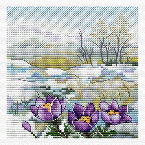 Siuvinėjimo komplektas „Pirmosios gėlės“ (kryželiu), 11×11 cm — pradedantiesiems - kaSiulai.lt