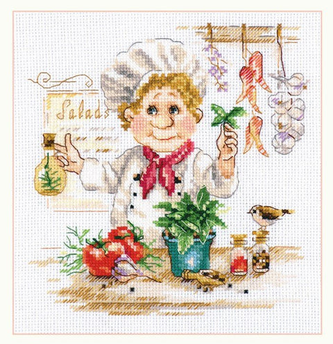 Siuvinėjimo komplektas „Šefas“ (virėjo motyvas) — Aida 14, 25 spalvos, 16×17 cm, pradedantiesiems - kaSiulai.lt