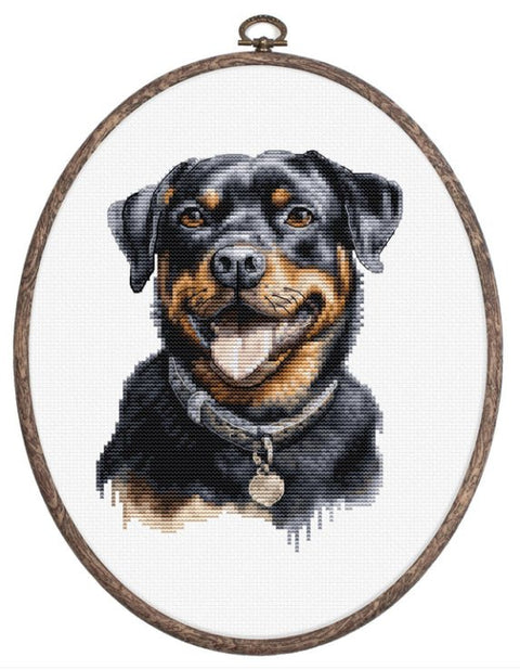 Siuvinėjimo komplektas skaičiuotu kryželiu „Rotveileris“, 13×17 cm - kaSiulai.lt