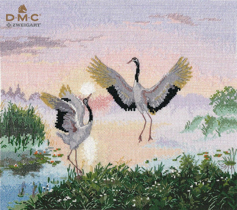 Siuvinėjimo komplektas „Šokančios gervės“ 27×24 cm (16 ct Zweigart, DMC) - kaSiulai.lt