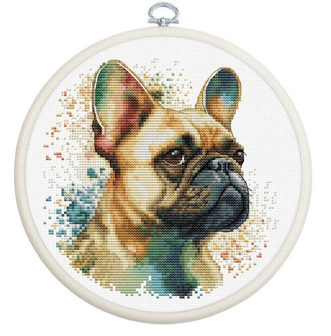 Siuvinėjimo komplektas su lankeliu „Prancūzų buldogas“ 15×15 cm - kaSiulai.lt