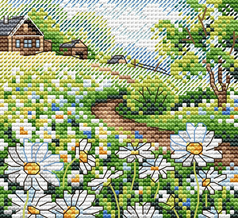 Siuvinėjimo komplektas „Vasaros peizažas“, Aida 14, 10×11 cm, 14 spalvų - kaSiulai.lt