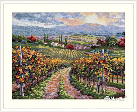 Siuvinėjimo komplektas „Vynuogynų kalva“ su DMC siūlais, Aida 16, 30×40 cm - kaSiulai.lt