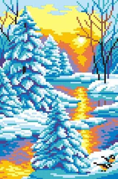 Siuvinėjimo komplektas „Žiemos saulėlydis“ — Aida 14, 12 spalvų, 21×30 cm - kaSiulai.lt