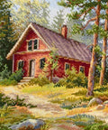 Siuvinėjimo kryželiu komplektas „Jauki raudona trobelė miške“ 30×39,5 cm - kaSiulai.lt