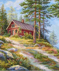 Siuvinėjimo kryželiu komplektas „Jauki raudona trobelė miške“ 30×39,5 cm - kaSiulai.lt