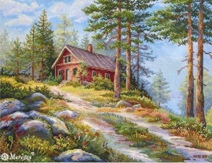 Siuvinėjimo kryželiu komplektas „Jauki raudona trobelė miške“ 30×39,5 cm - kaSiulai.lt