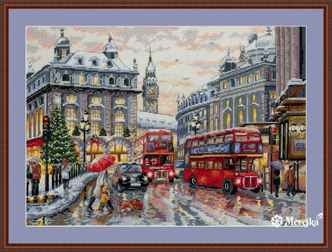 Siuvinėjimo kryželiu komplektas „Londonas“ su DMC siūlais, Aida 16, 30×40 cm - kaSiulai.lt