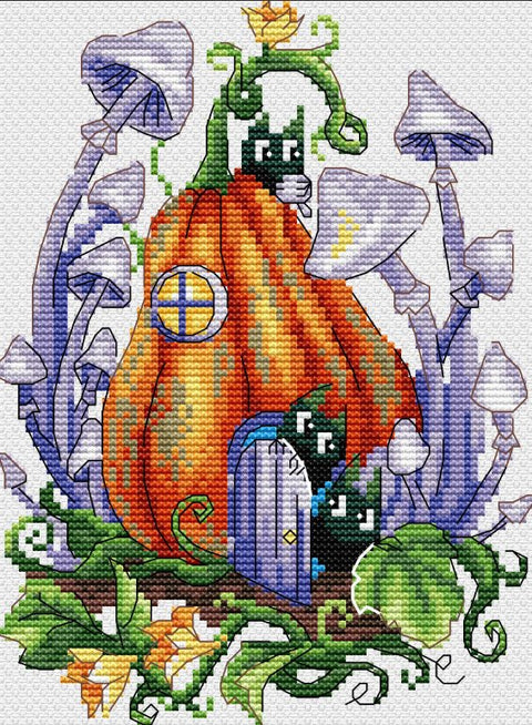 Siuvinėjimo kryželiu komplektas „Moliūgų namas“ 19×14 cm — pradedantiesiems - kaSiulai.lt