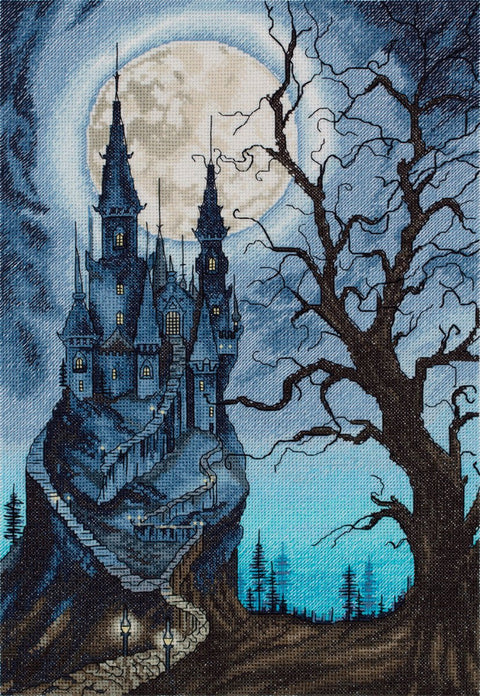 Siuvinėjimo kryželiu komplektas „Niūri pilis“ 23×33 cm — namų dekorui - kaSiulai.lt