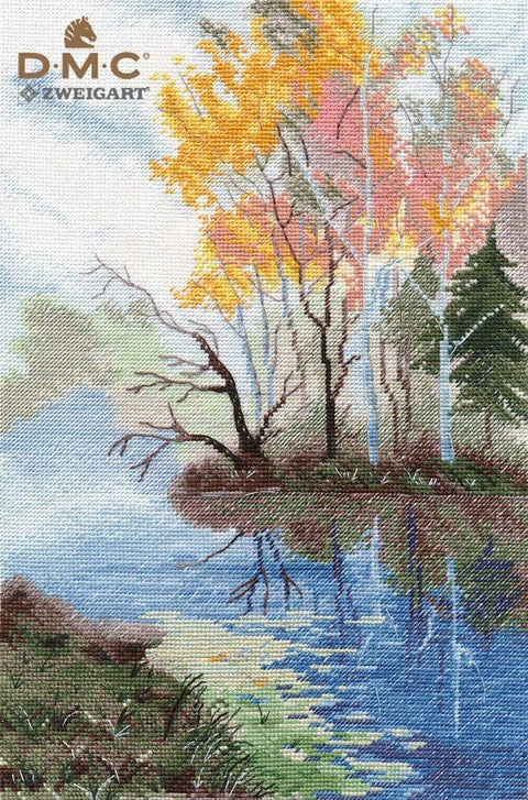 Siuvinėjimo kryželiu komplektas „Prie ežero“ — DMC siūlai, Zweigart Aida 16, 20×31 cm - kaSiulai.lt