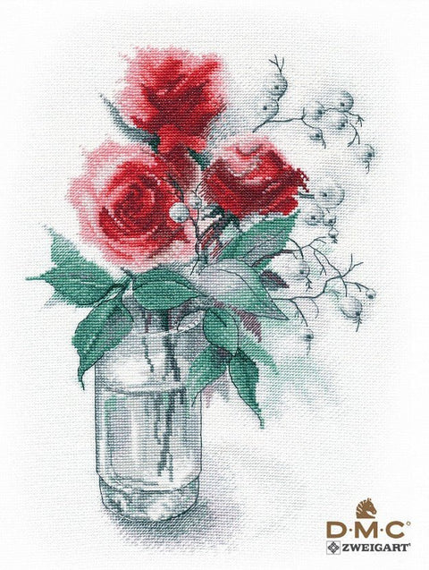 Siuvinėjimo kryželiu komplektas „Rožės ir sniegžydrės“ DMC, 20×28 cm - kaSiulai.lt