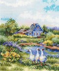 Siuvinėjimo kryželiu komplektas „Vasara kaime“ 20×16 cm — jaukus kaimo peizažas - kaSiulai.lt