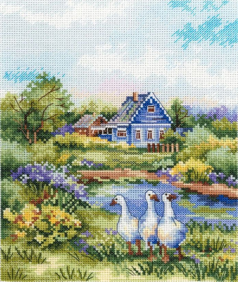 Siuvinėjimo kryželiu komplektas „Vasara kaime“ 20×16 cm — jaukus kaimo peizažas - kaSiulai.lt