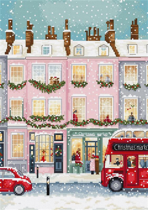 Kryželiu siuvinėjimo rinkinys „Žiemos Londonas“ su kalėdiniu miesto peizažu, 19x27 cm