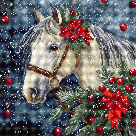 Siuvinėjimo kryželiu rinkinys „Žiemos žirgas“ 20×20 cm – Aida drobė, siūlai, schema