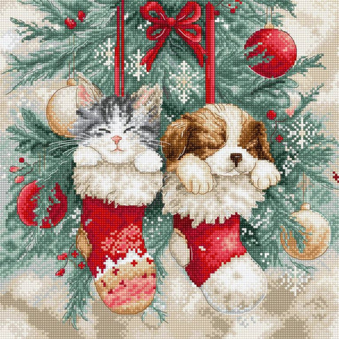 Kalėdinis kryželiu siuvinėjimo rinkinys „Christmas Naps“ paveikslui 24×24 cm